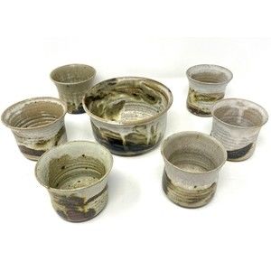 Pottery Hand Thrown Glazed Speckled Brown Grey Green Set of 7